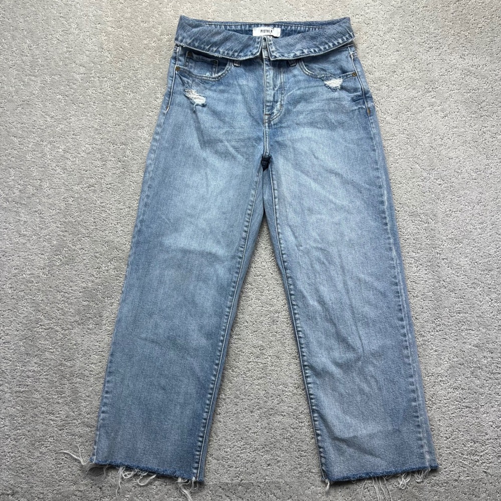 Pistola Barrel Jeans Women 28 Blue Denim Foldover High Waist Cropped Raw Hem